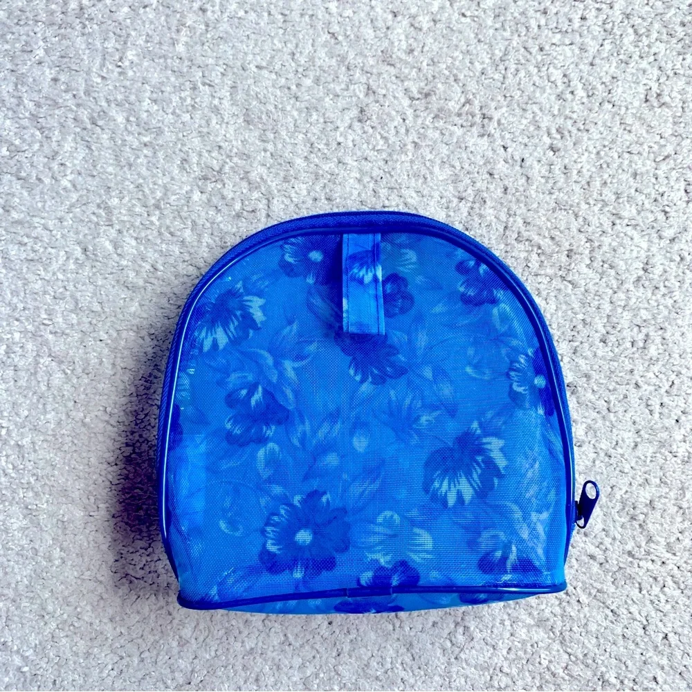 Avon Blue Floral Mesh Makeup Cosmetics Bag Case Pouch